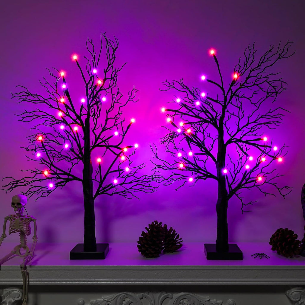 Halloween Decorations Indoor - 2Pack 24 Inch Spooky Black Tree with Lights, Lighted Tabletop Tree with Timer - Set of 2