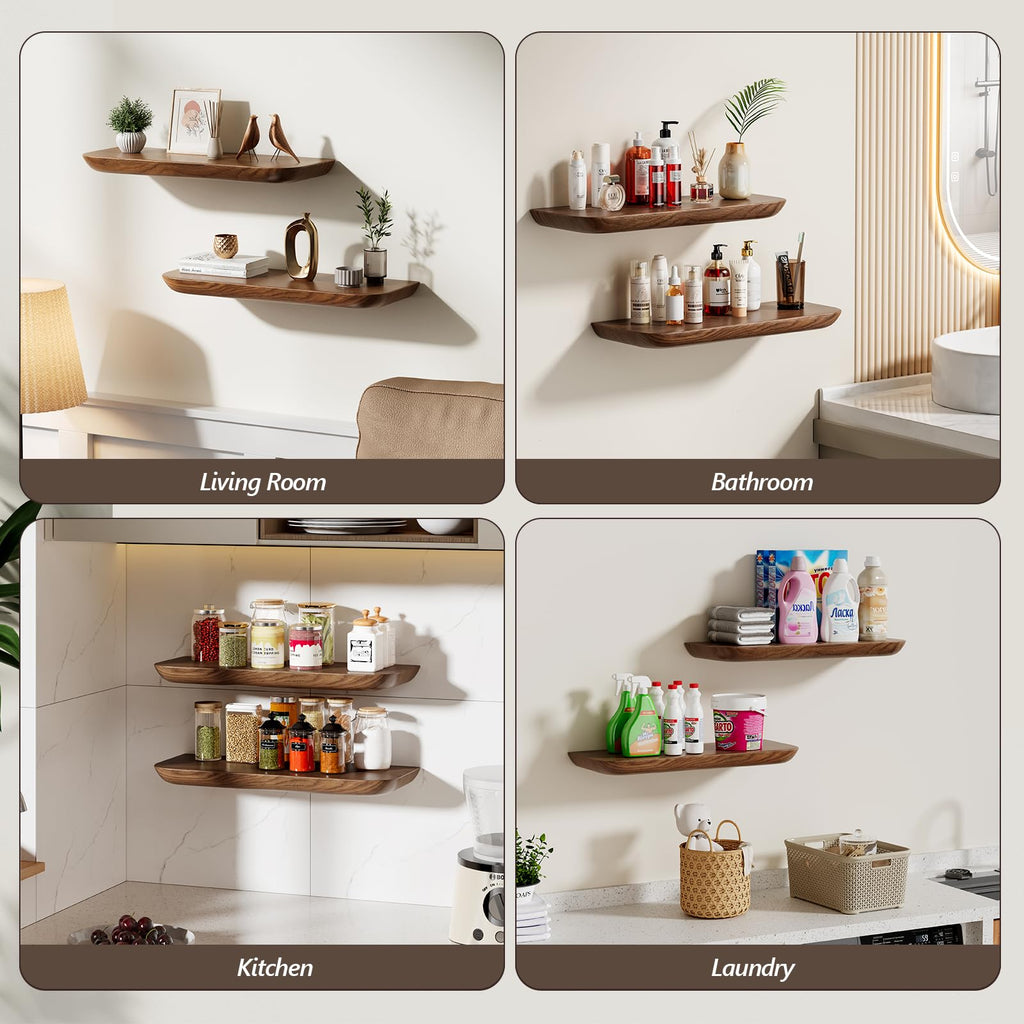 Solid Walnut Floating Shelves for Wall 16.5 Inch Set of 2, Round Edge Wall Mounted Shelf, Rustic Farmhouse Wooden