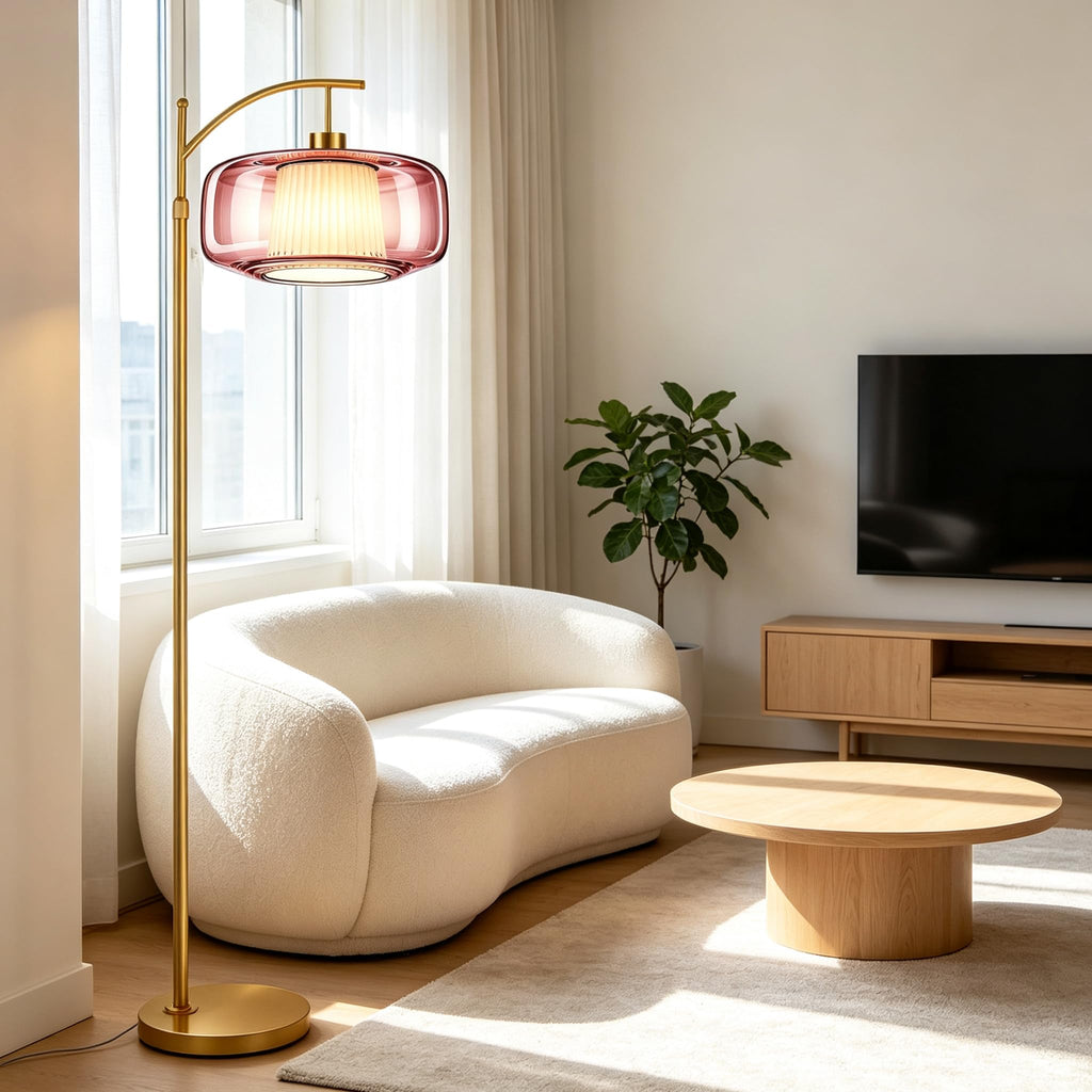 Pink Floor Lamp, Gold Dimmable Standing Lamp with Remote, Mid Century Modern Brass Tall Lamp Boho Floor Lamps Arc