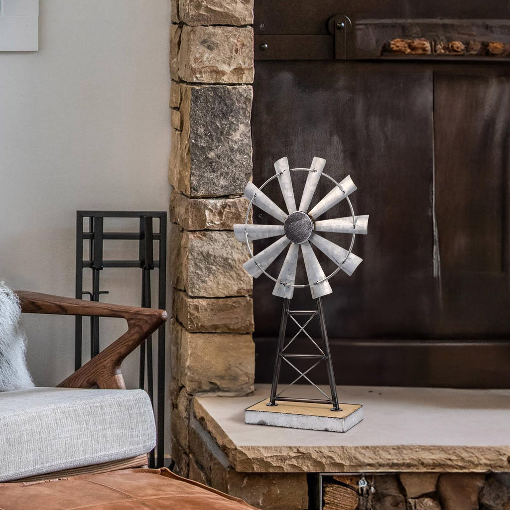 Charming Tall Galvanized Windmill Decor, Metal Windmill Accent for Farmhouse Shelf Decor and Living Room, Adding a