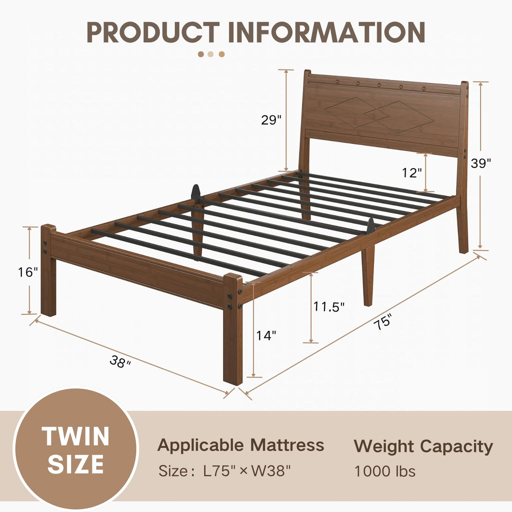 Twin Solid Bamboo Wood 14" Bed Frame with Headboard, Brown