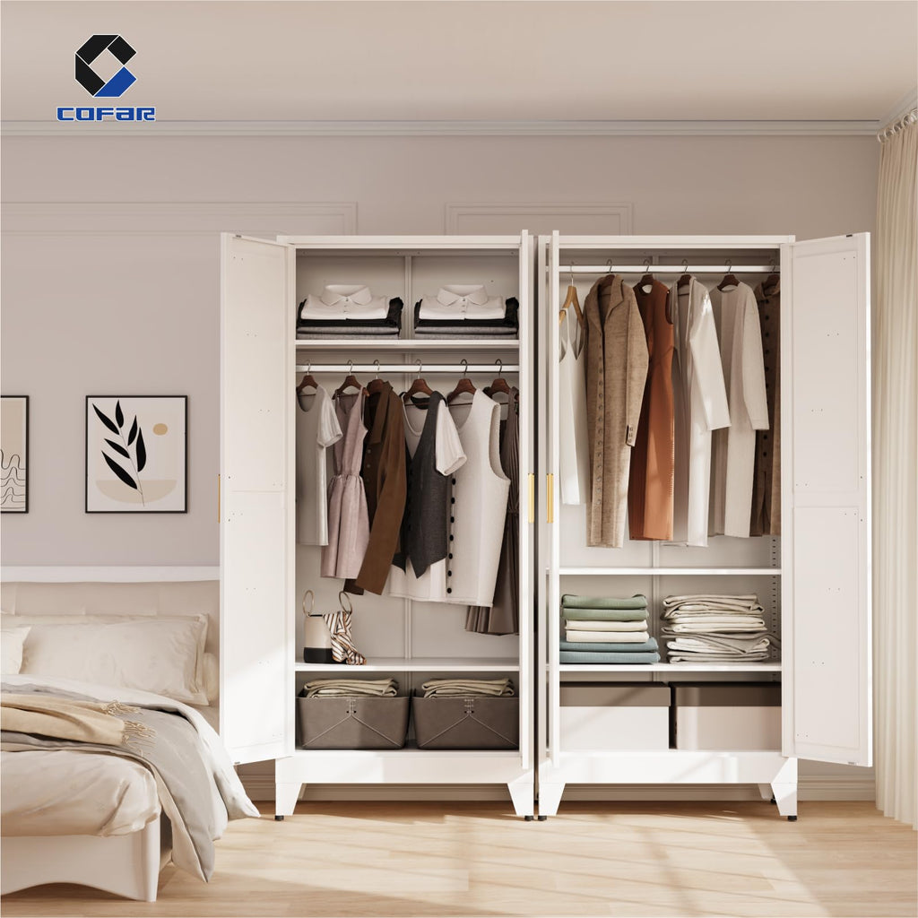 71'' Metal Wardrobe Closet, Bedroom Armoire Cabinet with Adjustable Hanging Rod and Shelves, 2 Doors Farmhouse Closet