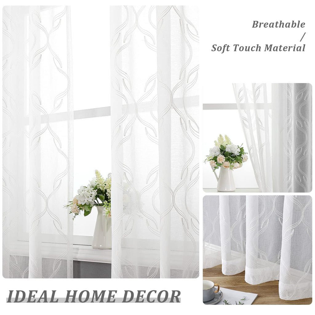White Sheer Curtains Geometric Moroccan Embroidered 63 Inches