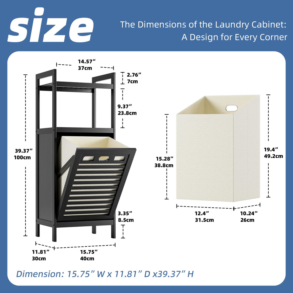 Tilt Out Laundry Hamper, Bamboo Bathroom Cabinet with Pull Out Removable Bag and 2 Tier Storage Shelves, 10 Gal
