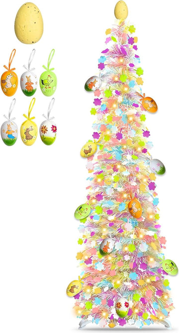 Timer - Easter Decorations, 5Ft Lighted Easter Tree with 50 LED Warm White Lights 12 Colorful Eggs Ornaments Battery