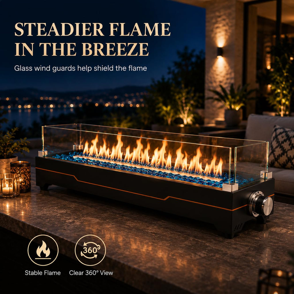 36 Inch Tabletop Fire Pit with Glass Wind Guards & Camping