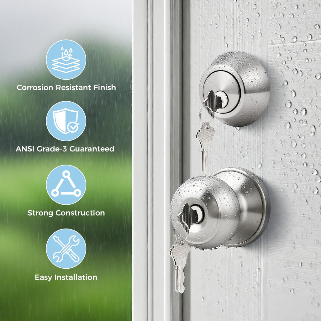 Keyed Entry Door Knob and Single Cylinder Deadbolt Combo Set, Exterior Door Knobs for Entrance and Front Door, Keyed
