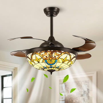 42" Tiffany Ceiling Fans with Lights Stained Glass Ceiling Fan Retractable Chandelier Fan with Remote Control