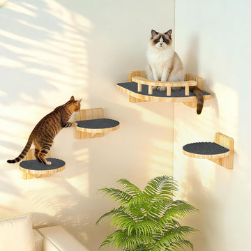 Cat Wall Shelves, Corner Cat Shelf with 3 Wide Perch Steps, Kitty Wall Climber Wooden Furniture up to 25lbs, Modern