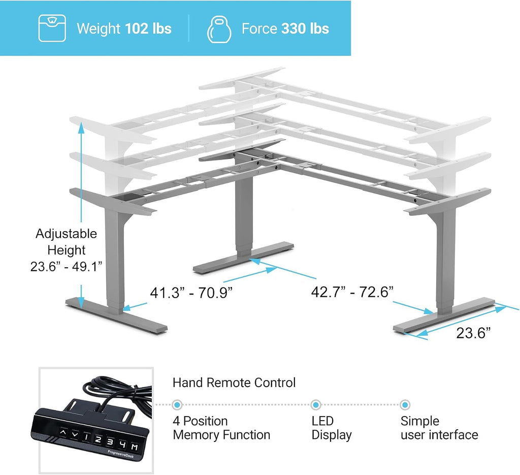 Standing Desk Corner Frame - Adjustable Height and Width Legs with Triple Electric Motors L Shaped Desk FLT-05 Grey