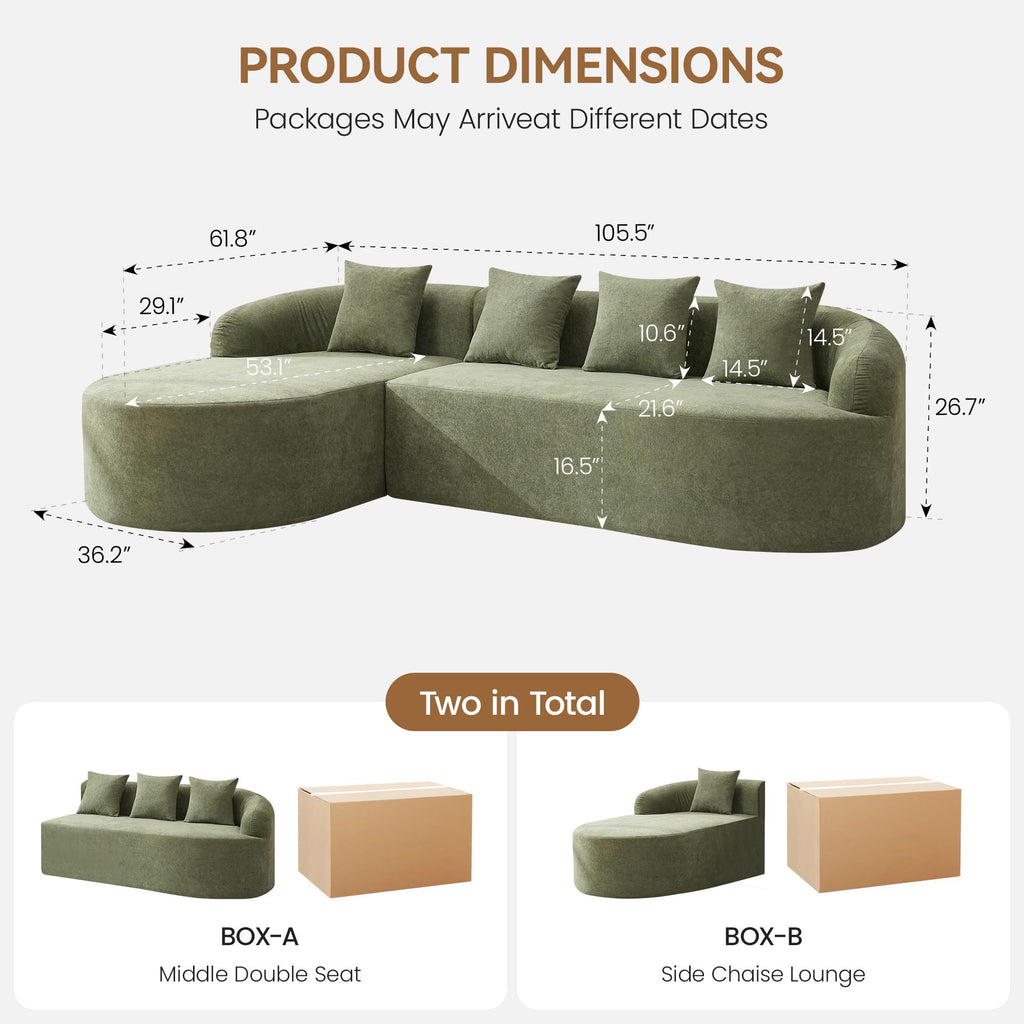 105" Boneless L Shaped Couch, Curved Sofas, Chenille Green