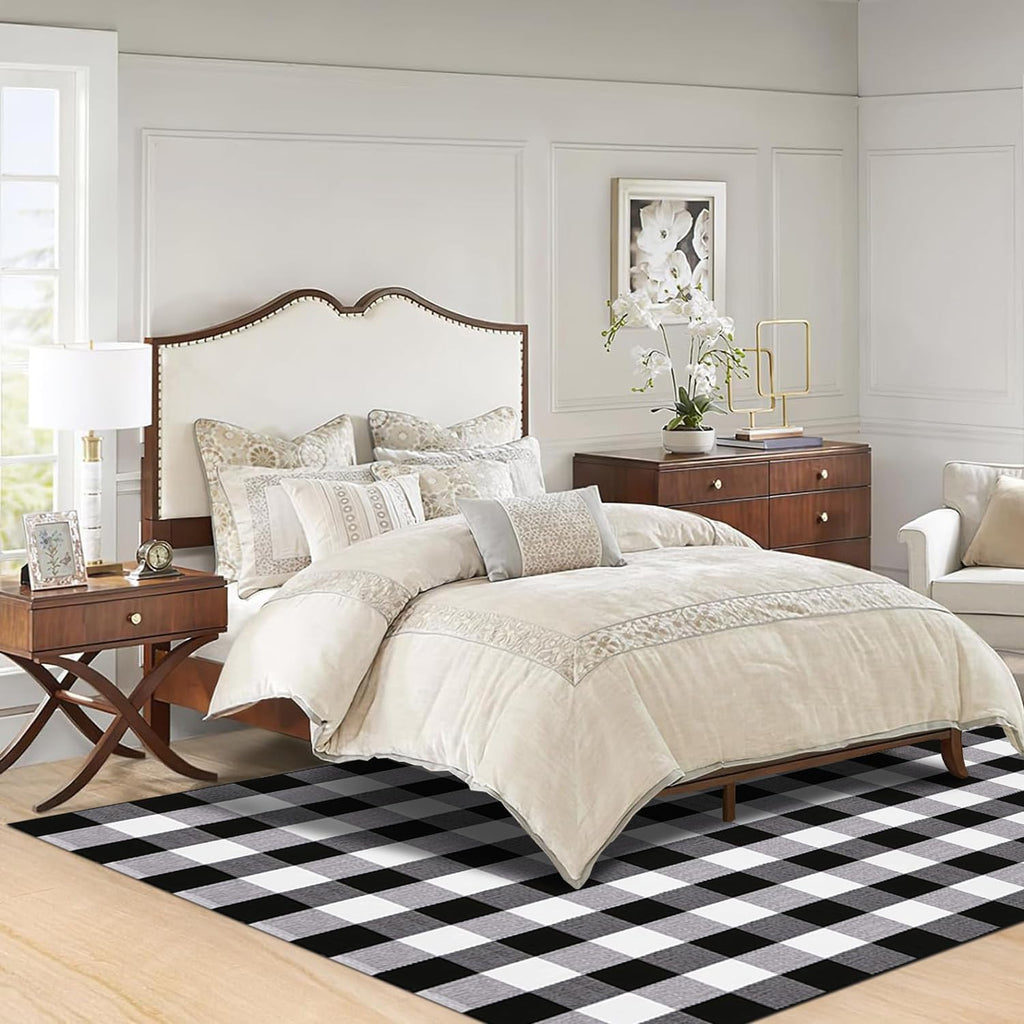 Buffalo Plaid Rug Black and White Checkered Area Rugs, Cotton Hand-Woven Washable Indoor Outdoor Rugs