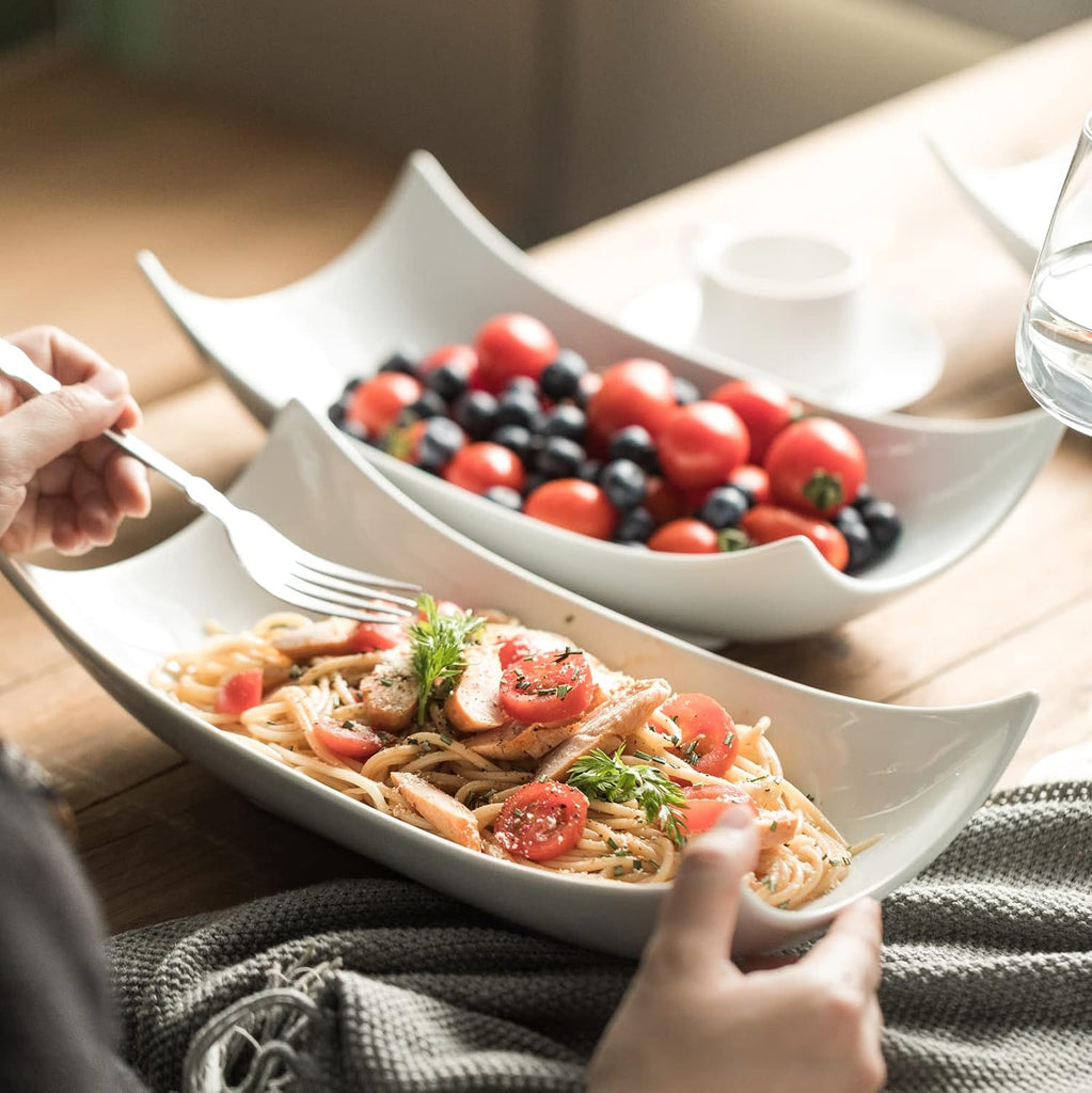 12 Inch White Porcelain Serving Platter Dishes Set of 3 Deep Bowl | Large capacity, heat resistant, curved anti-spill