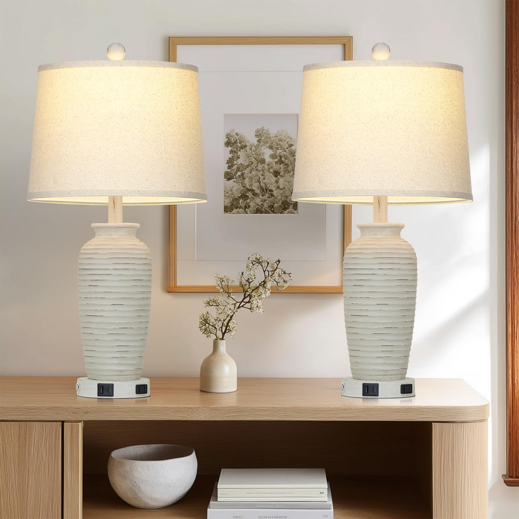 25" Retro White Farmhouse Jar Table Lamps Set of 2, 3 Way Touch Control Rustic Bedside Lamps with USB A+C Ports & AC