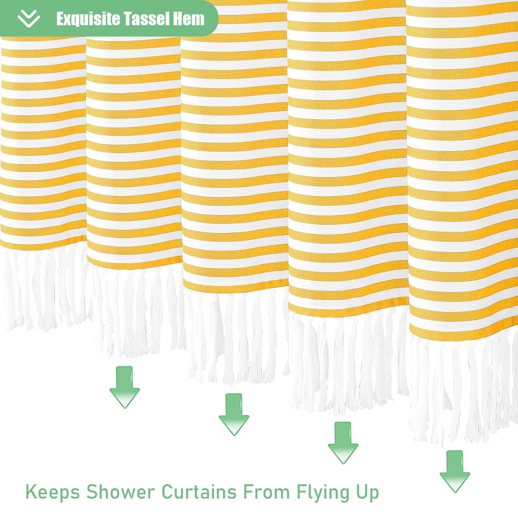 Extra Long Shower Curtains, 96 Inch Long Farmhouse Boho Yellow Striped Fabric Tassel Shower Curtains, Tall Bohemian