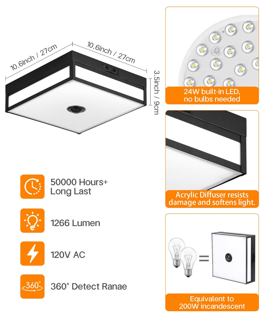 Motion Sensor Outdoor Light, Flush Mount Ceiling Fixture with 24W LED, Dusk to Dawn, Adjustable 3CCT, Black Exterior