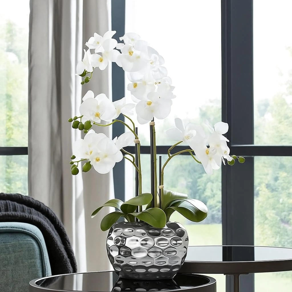 Artificial Flower, Fake Orchid Phalaenopsis Including Textured Metallic-Silver Vase, 24" (White)