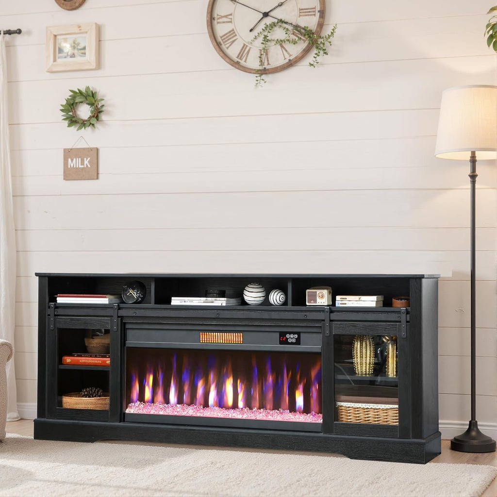 Fireplace TV Stand for TVs Up to 80 Inches, Modern Entertainment Center with 36" Glass Electric Fireplace & LED Lights