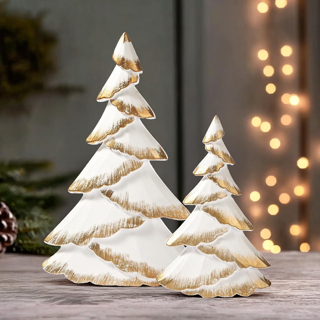 Christmas Tree Figurines Wood, 2PCS White & Gold Tabletop Trees