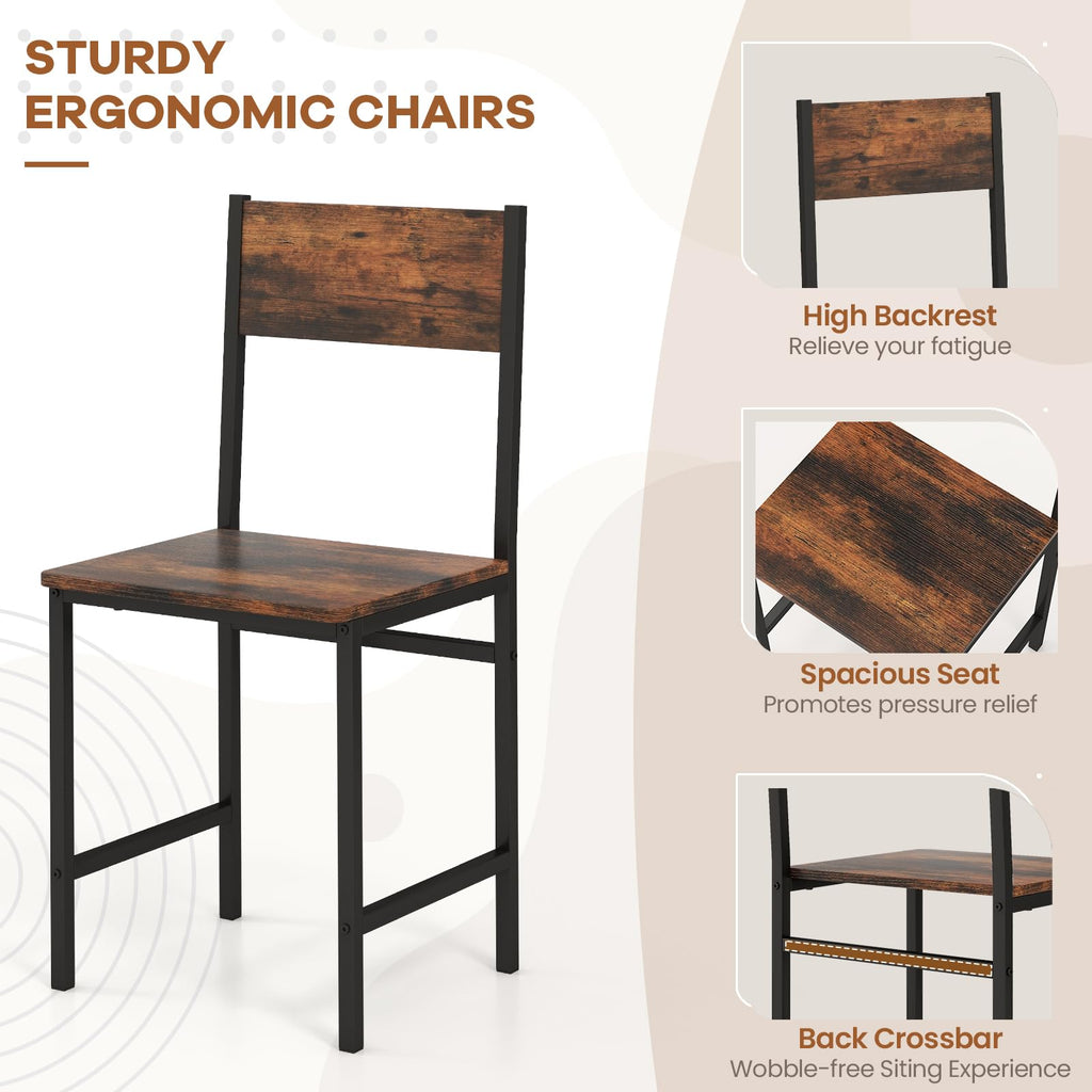 Small Dining Table Set for 4 with Bench, Industrial Kitchen Table and Chairs, Rustic Brown Wood & Black Metal 4-Piece