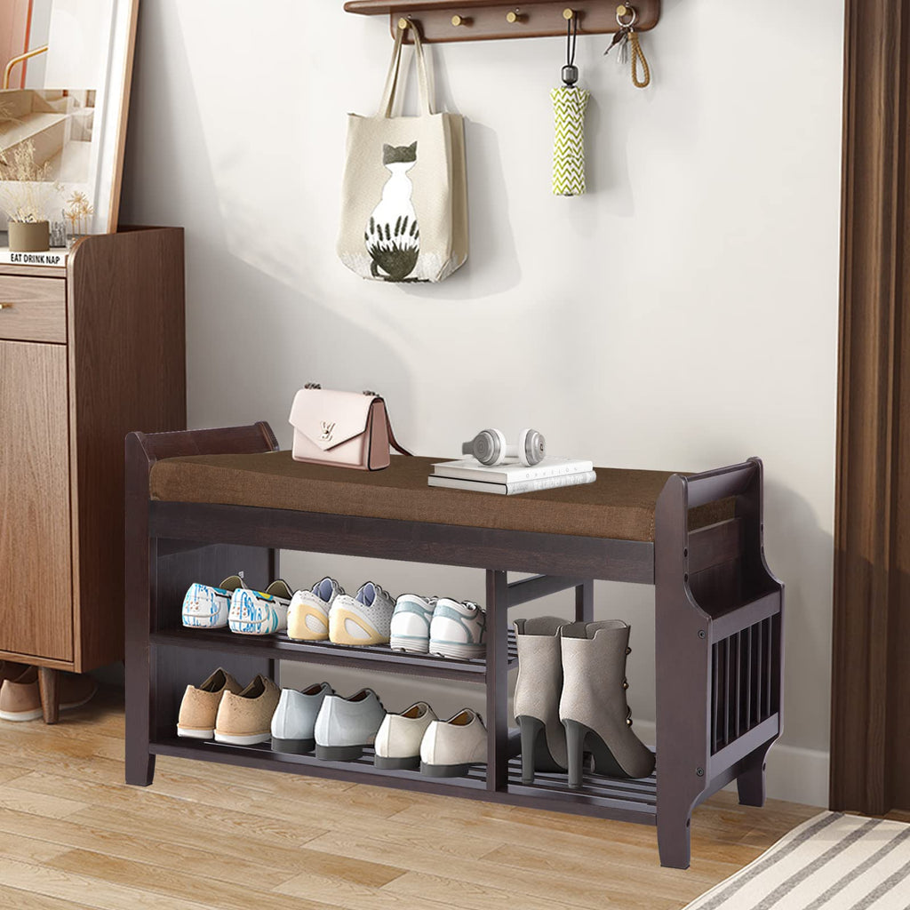 Entryway Shoe Bench with Bamboo Seat, 2-Tier Shoe Bench with Removable Brown Cushion and Umbrella Holder -L
