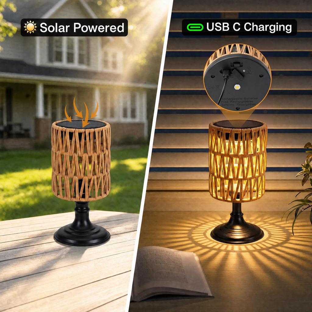 Outdoor Solar Table Lamp, Waterproof Rattan Solar Lantern