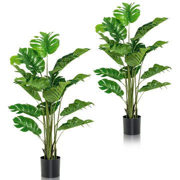 Artificial Monstera Deliciosa Tree Set of 2, Fake Greenery Plants in Pots for Indoor Outdoor, Faux Monstera Plant