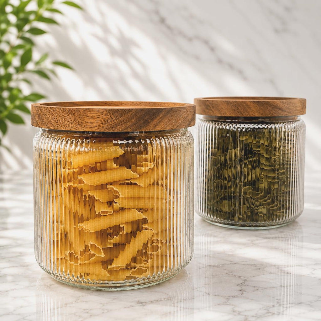 Ribbed Glass Jar, Stackable & Airtight Wooden Lid- Storage Canister for Cereal, Pasta, Rice/Flour - High End Look
