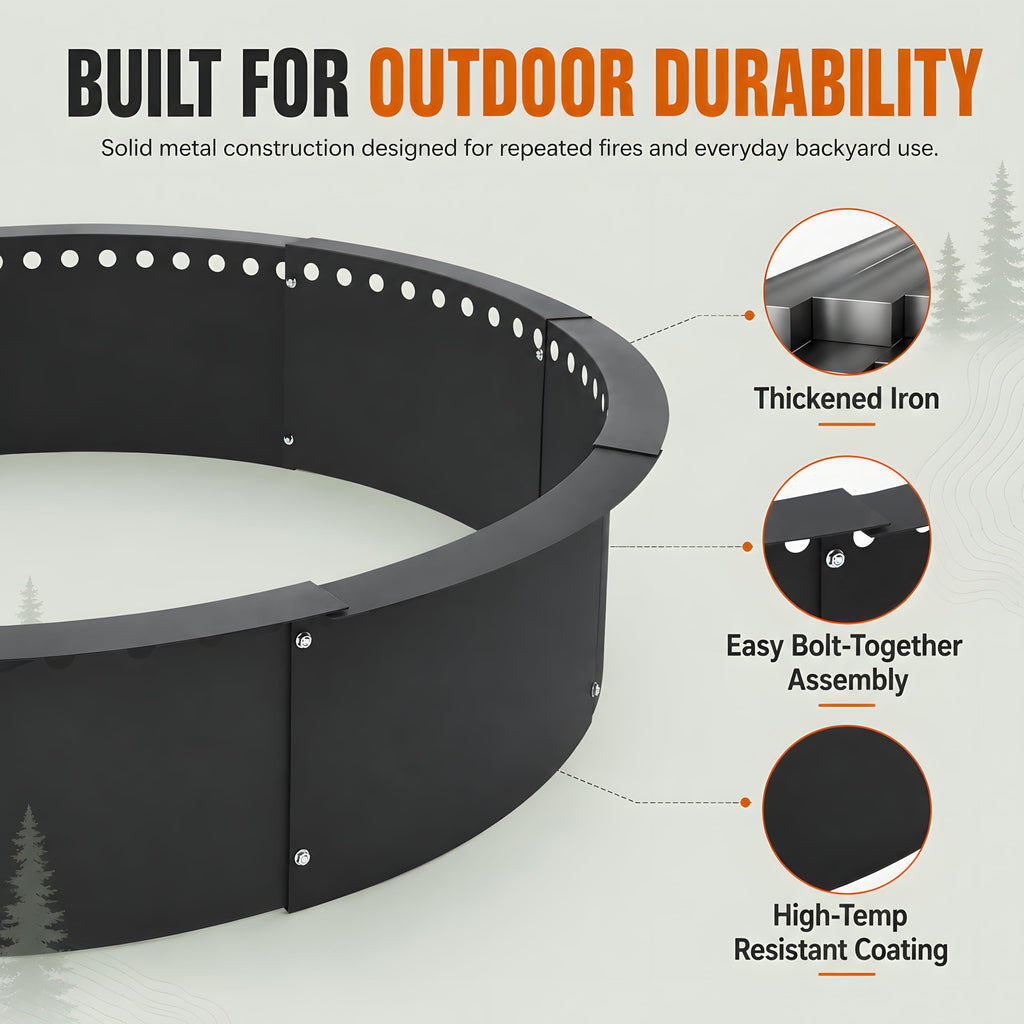 Smokeless Fire Pit Ring, 36 Inch Inner / 40 Inch Outer Steel Fire Ring Insert with Air Vent Design, 8-Piece DIY Round