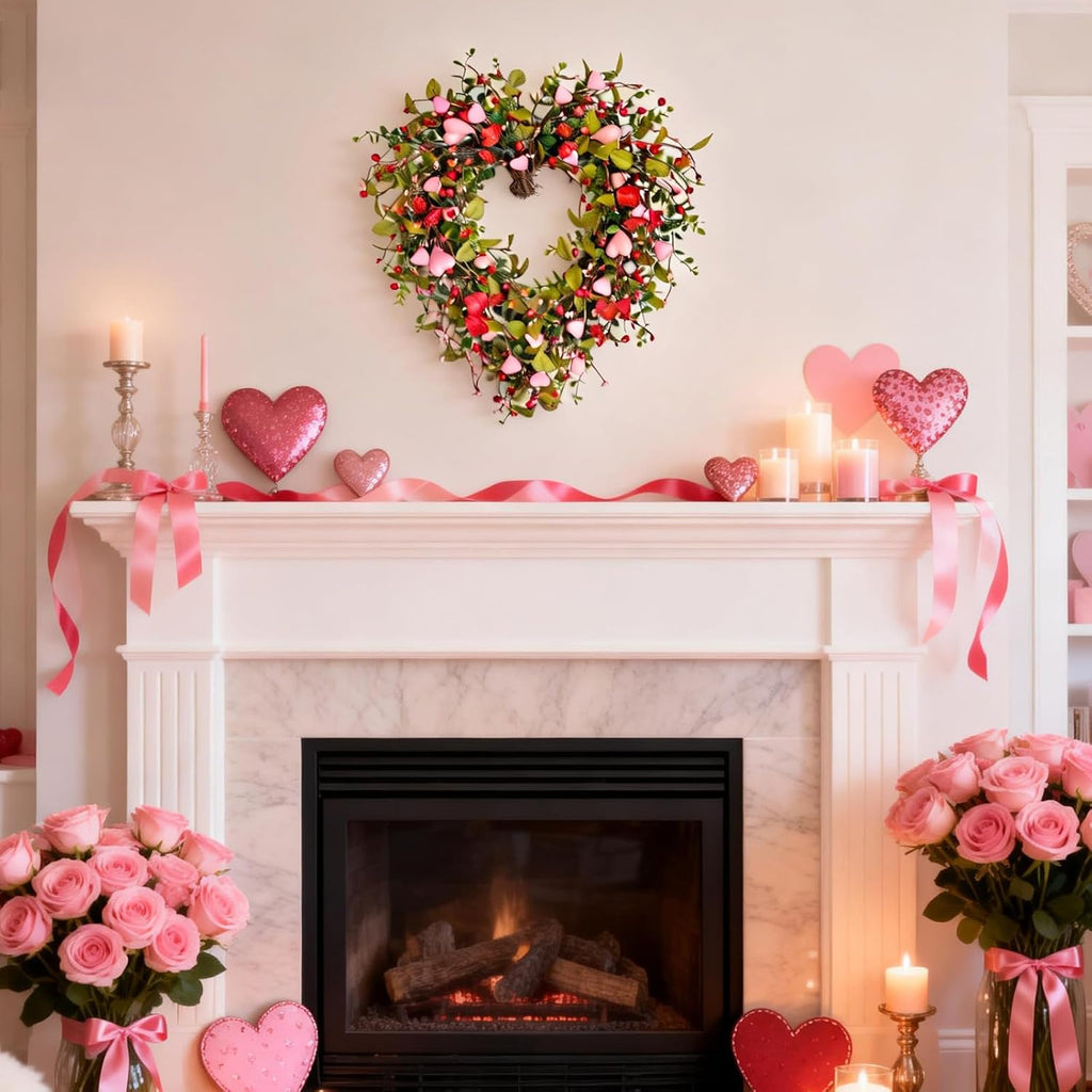 22 Inch Valentine Heart-Shaped Wreath, Pink Flower Heart Berry Green Leaf Decor for Front Door Window Wall Porch
