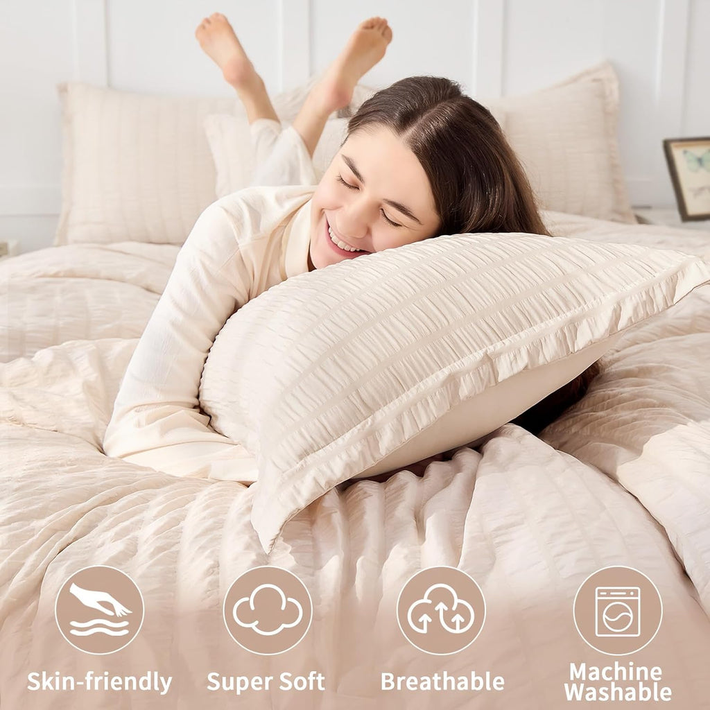 Beige Duvet Cover Queen, Super Soft Seersucker Queen Duvet Cover Set, 3-Piece Lightweight Duvet Cover with Zipper