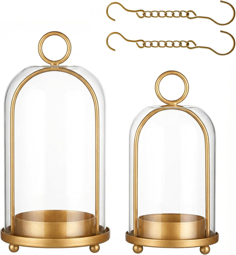 Set of 2 Candle Lantern, Candle Holders with Glass Dome 10" & 7.87" | Vintage Brass Design, Perfect for Pillar