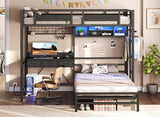 Twin Over Twin Bunk Bed with Desk with 3 Drawers & Storage Shelves, Twin Bunk Bed with Charging Station & LED Lights