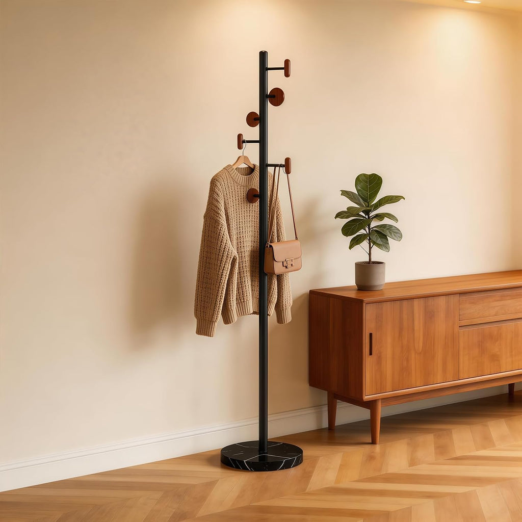 Freestanding Mid-Century Modern Coat Rack | Sturdy metal frame, solid marble base & round wood hooks, great daily