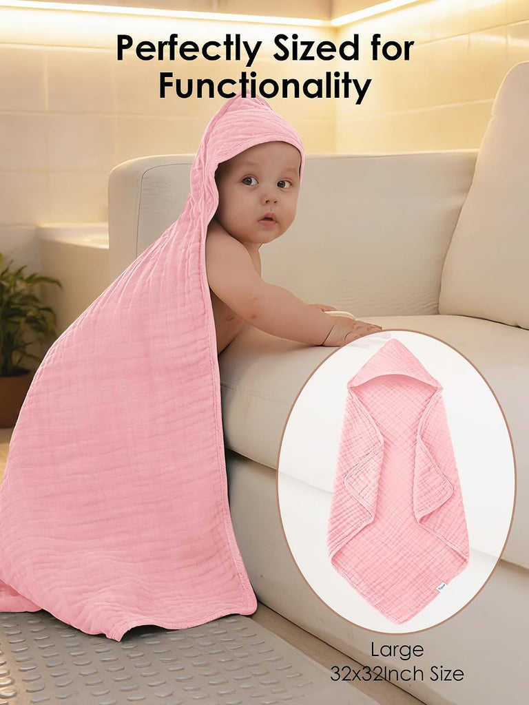 Muslin Hooded Baby Bath Towels - 3 Pack 100% Cotton Ultra-Soft Towels for Newborns, Infants, Toddlers - 32x32 Inch