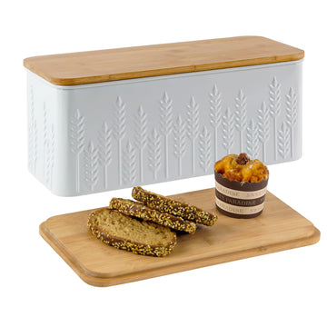 Bread Box - Large White Ear of Wheat Embossed with Bamboo Lid
