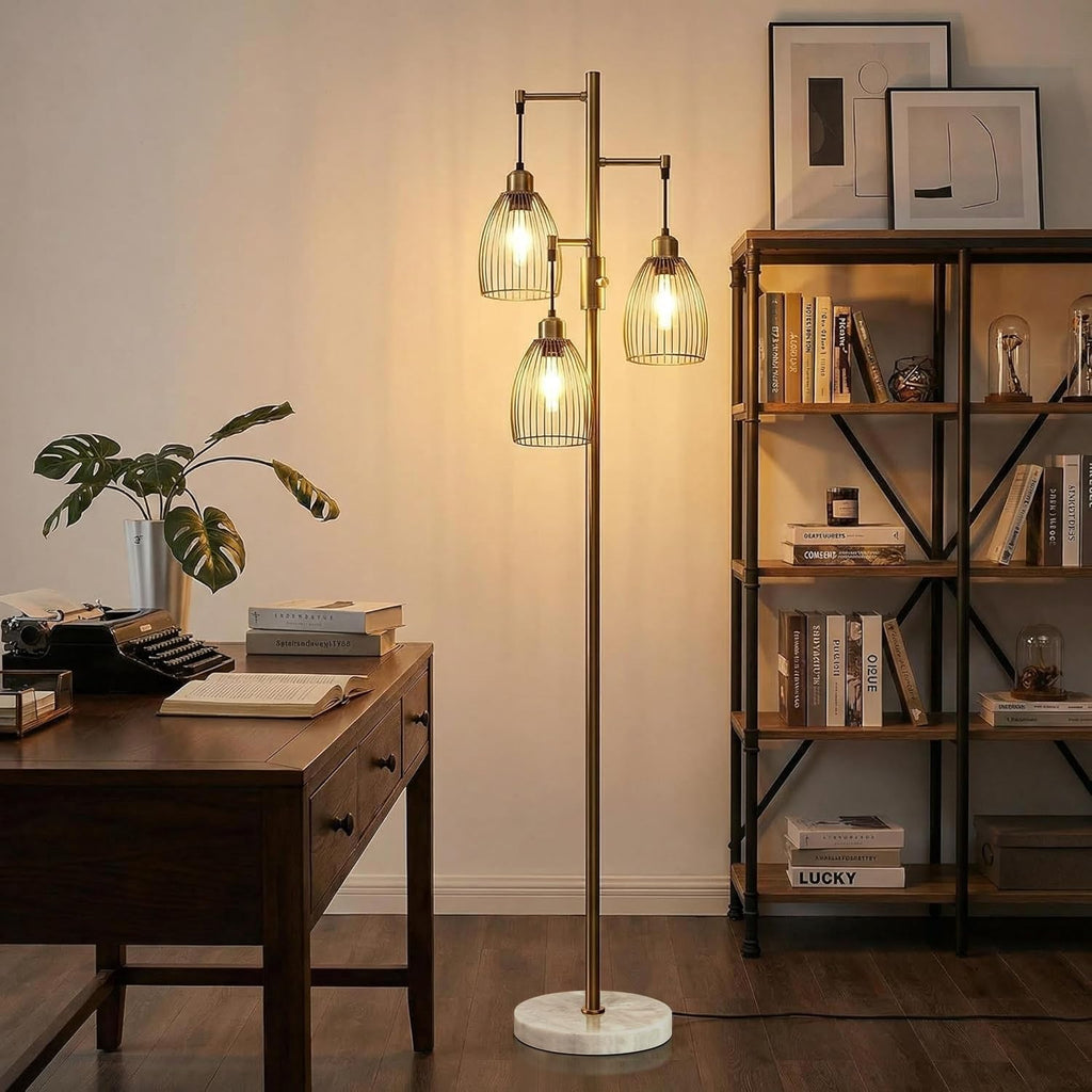 Dimmable Floor Lamps, Industrial Standing Lamp with Marble Base, Antique Brass Tree Tall Pole Light with 3 Elegant