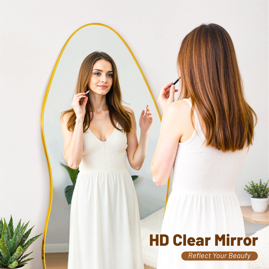 Irregular Full Length Mirror, 76"x36" Asymmetrical Floor Mirror with Stand, Standing Hanging Leaning Irregular