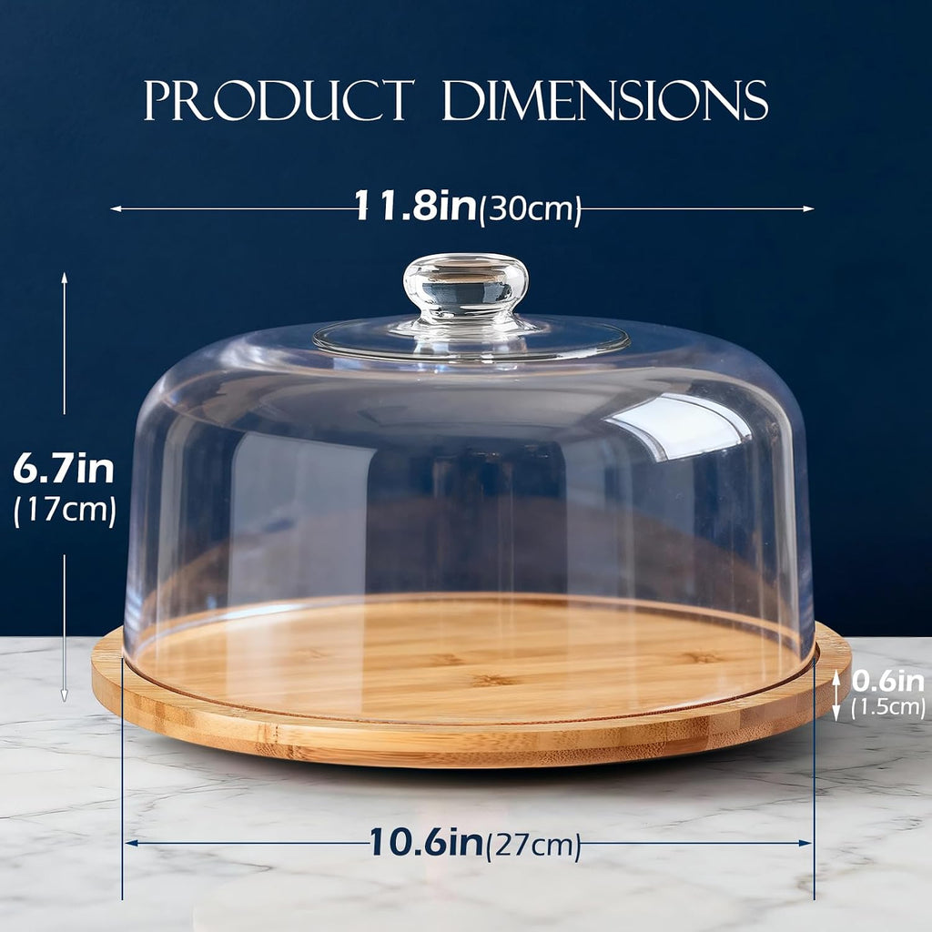 Rotating Bamboo Cake Stand with Shatterproof Acrylic Dome,11.8in