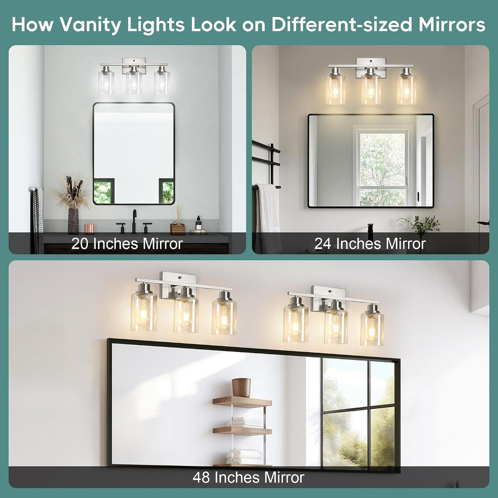 Bathroom Light Fixtures, 3-Light Vanity Light Over Mirror, Brushed Nickel Wall Sconces with Clear Glass Shades, Wall