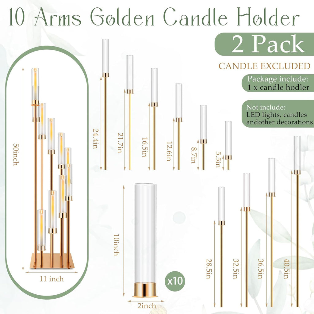 2 Pack 10 Arms Wedding Candelabras Centerpiece,50 Inches Tall Floor Standing Candle Holders with Clear Acrylic Shades