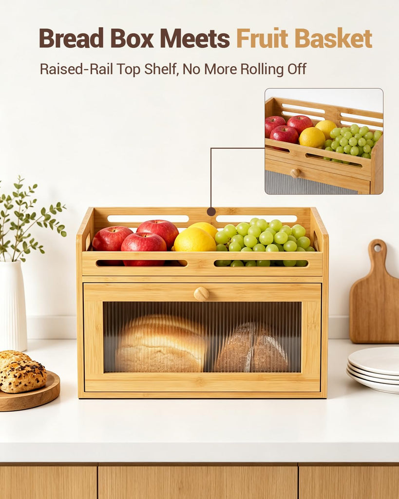 Bread Box - Countertop, Bamboo Storage Container with Top Shelf