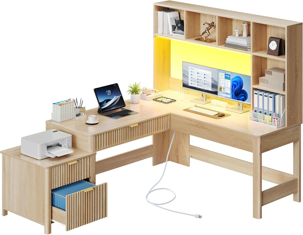 L Shaped Desk with Hutch and Drawers, 67" Computer Desk Gaming Desk with Power Outlets & LED Lights
