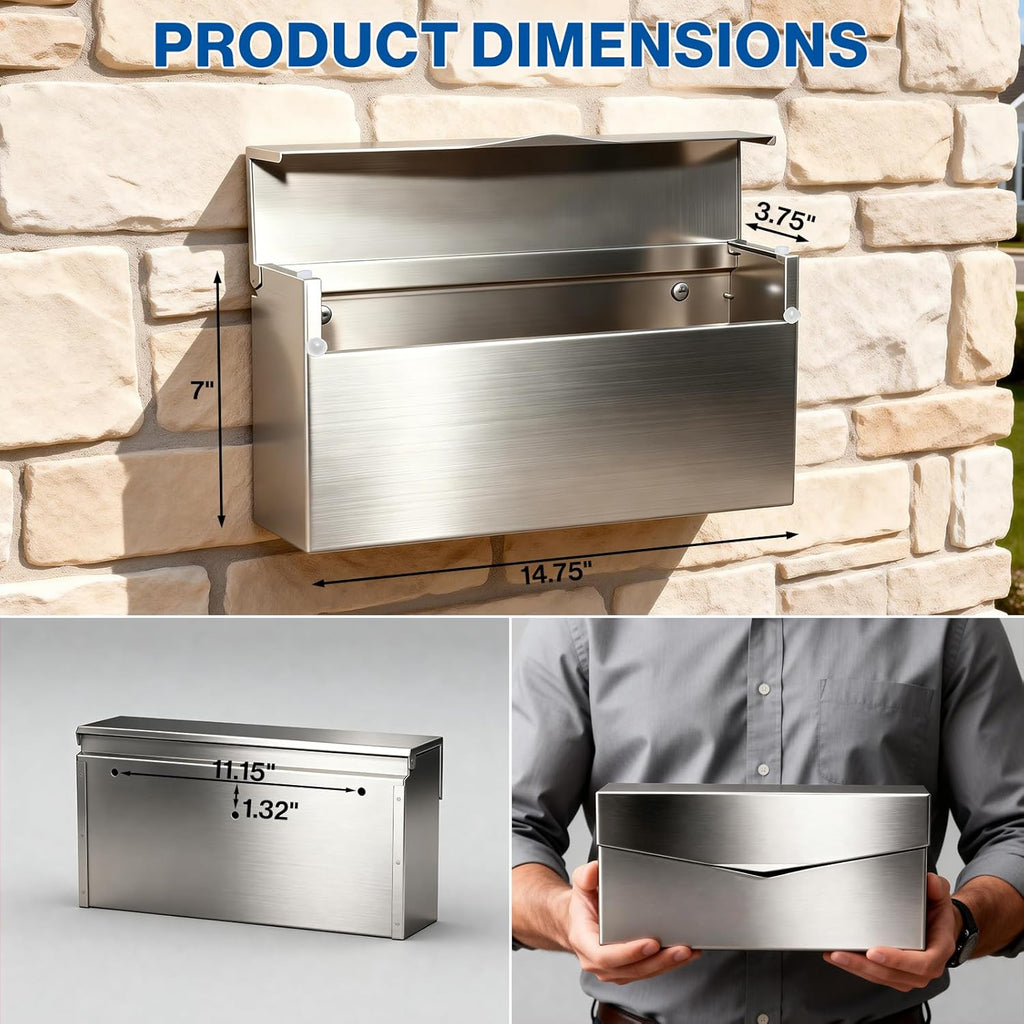 Rainproof Stainless Steel Mailbox for Walls, Heavy Duty Wall Mounted Mailbox