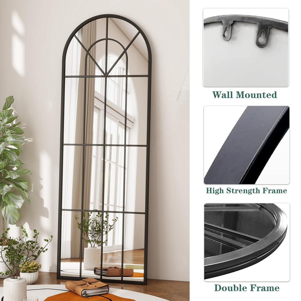 Full Length Mirror, 65×22" Black Arch Windowpane Body Wall Mirror