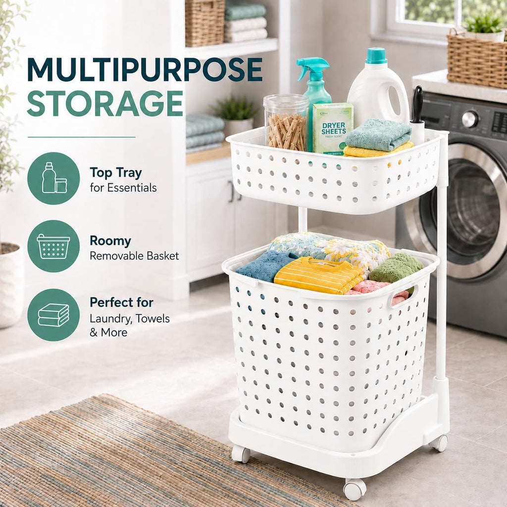 Slim Hamper with Wheels - 2 Tier Rolling Laundry Cart, Narrow Plastic Basket, Double Compartments, 360 Degree Swivel