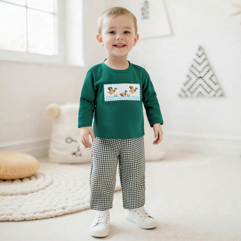 Toddler Baby Boy Hunting Outfit Long Sleeve Mallard Duck Sweatshirt T-shirt Gingham Pants Two Piece Smocked Clothes