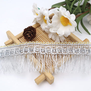 Silver Fringe Tassel Lace Trim 12 Yards Silver Fringe Fibre Ribbon Trim for Sewing Lampshade Curtain Decoration