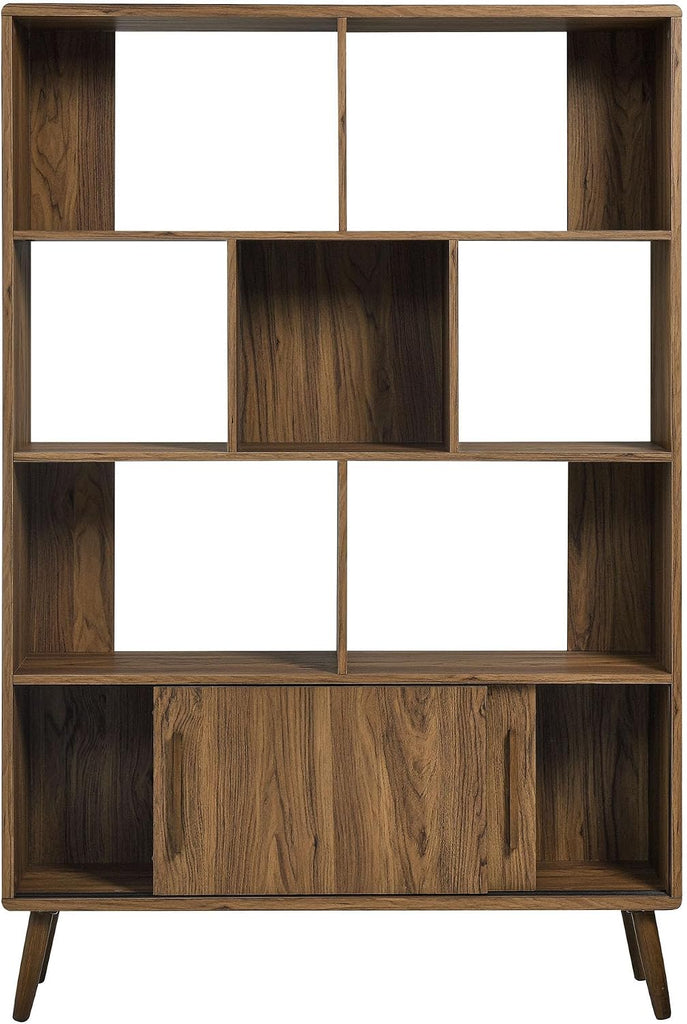 Transmit 8 Shelf Bookcase with Sliding Doors in Walnut - 45 Inch Wood Mid-Century Modern Bookshelf - 4 Tier Tall Open