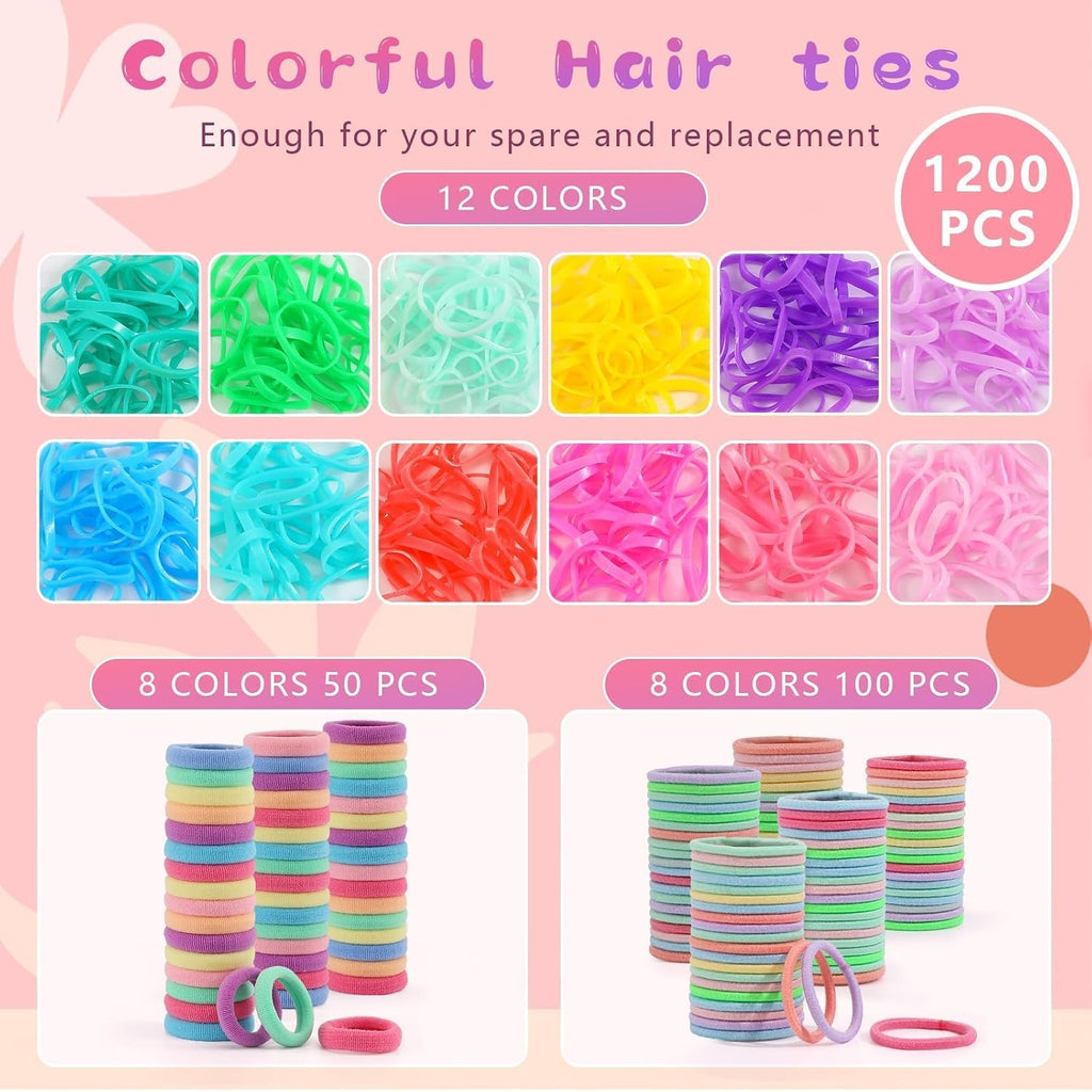 Hair Accessories for Girls, 1350P Colorful Hair Ties with 72P Hair Clips
